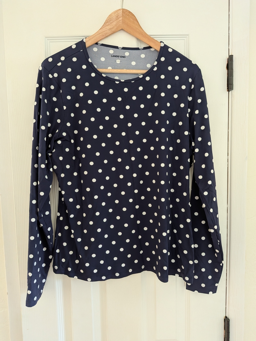 Lands End Women's Navy Blue/White Polka Dot Stretchy Long Sleeve Shirt Size L